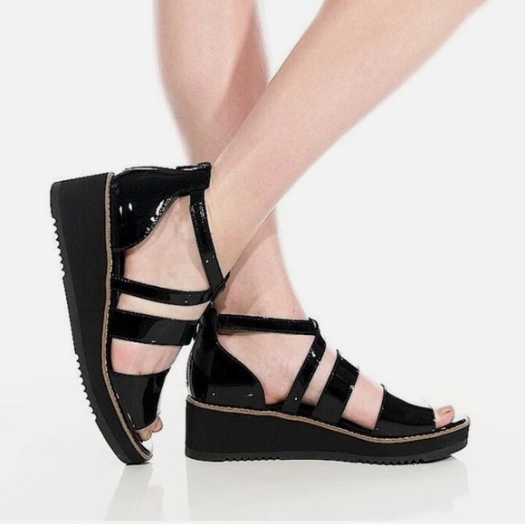 Eileen Fisher The Darcy Strappy Patent Leather Platform Sandals Black Size 9.5